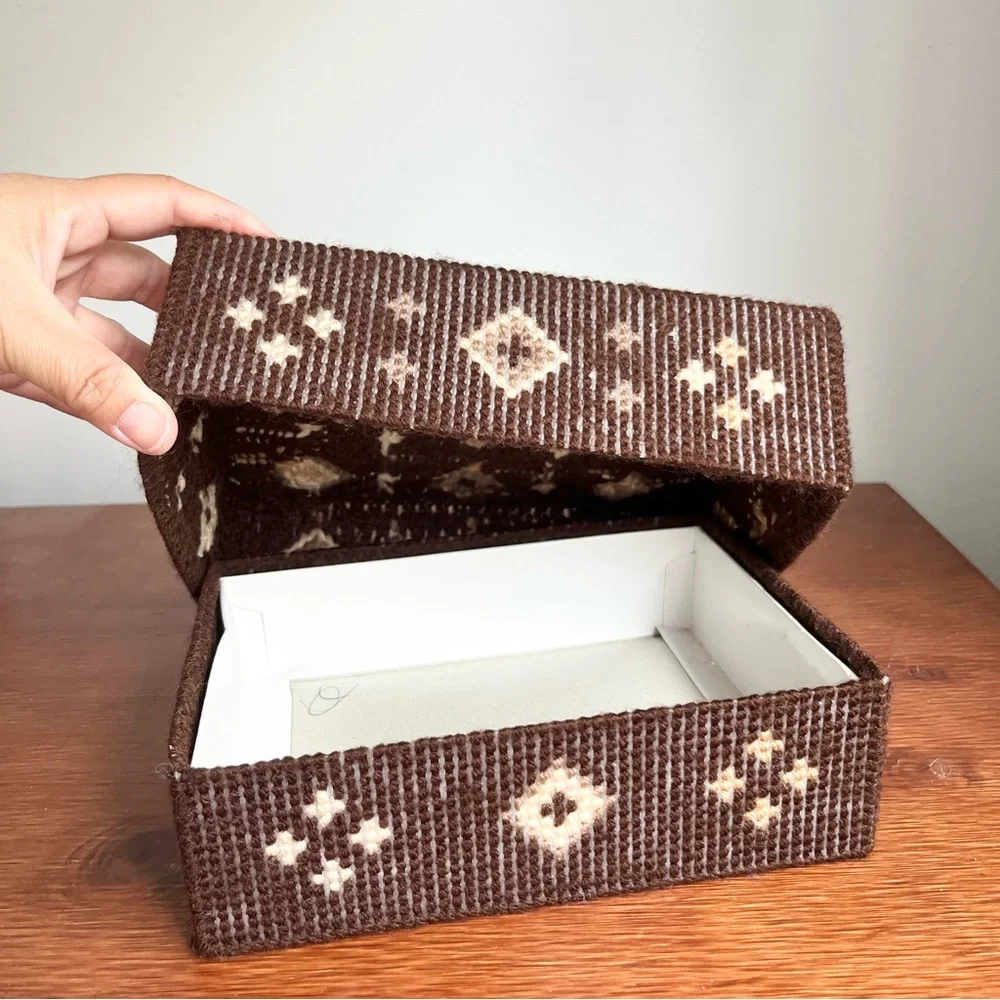 Vintage Handmade Needlepoint Card or Trinket or Keepsake Box Brown Diamonds